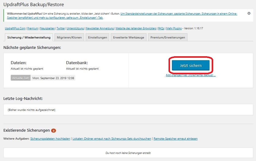 UpdraftPlus Jetzt sichern