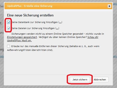 UpdraftPlus Backup durchführen Datenbank und Dateien auswählen