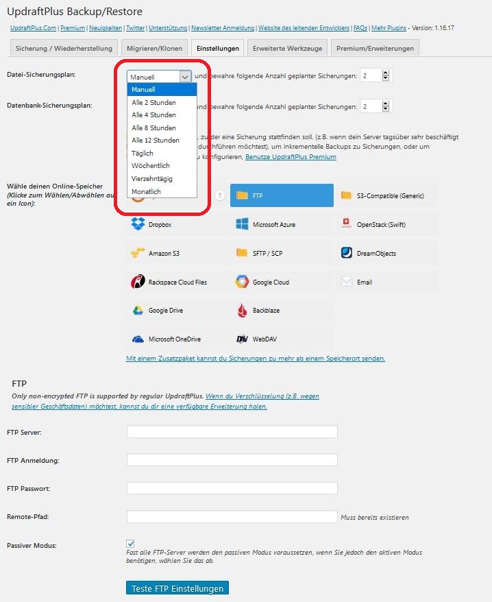 UpdraftPlus automatisches Backup
