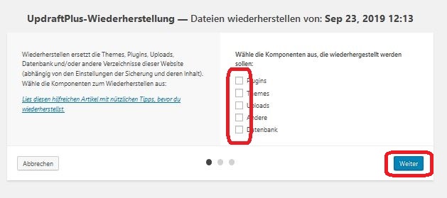 UpdraftPlus Wiederherstellen Dateien auswählen