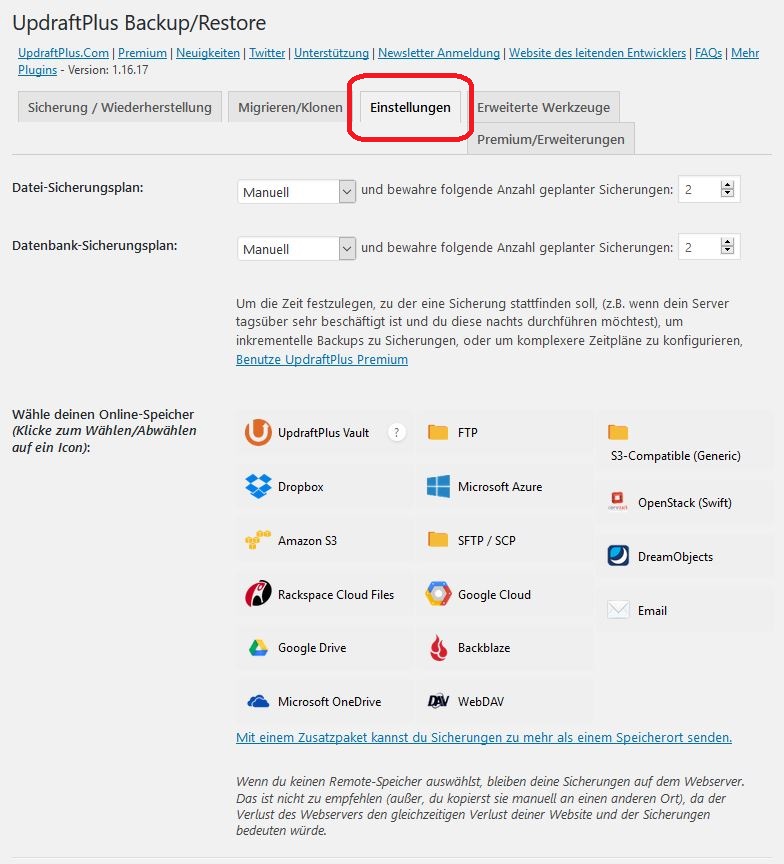 UpdraftPlus automatisches Backup