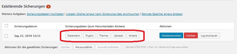 UpdraftPlus existierende Sicherungen