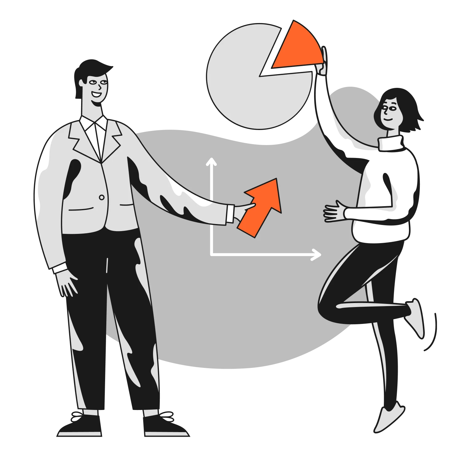 Illustration of team members interacting with graphs and charts