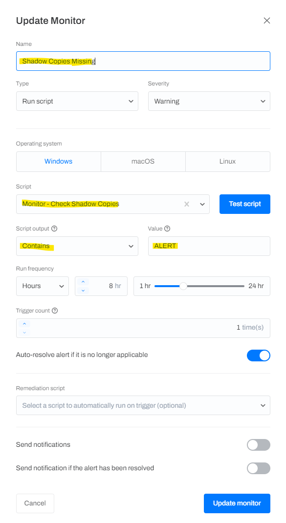 Adding the script to a monitor policy.