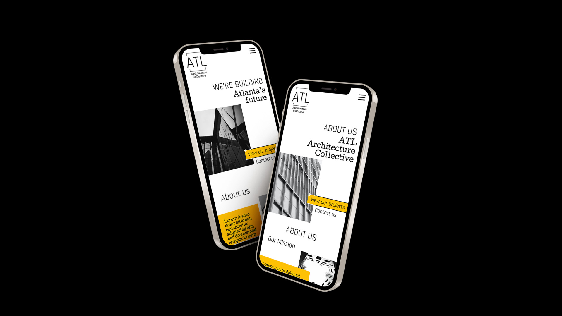 Preview of an iphone screen with app design, black and white image of a building.