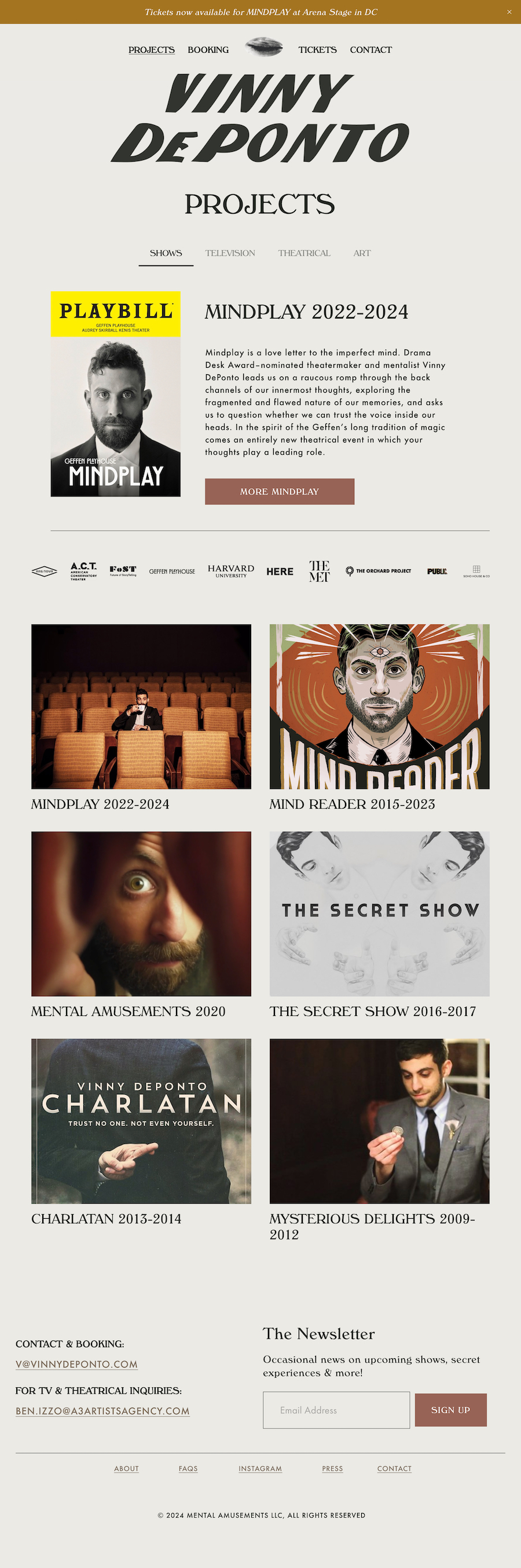 Full page screencapture of Vinny DePonto's Projects page of his website, showing off his past award-winning mentalism shows.