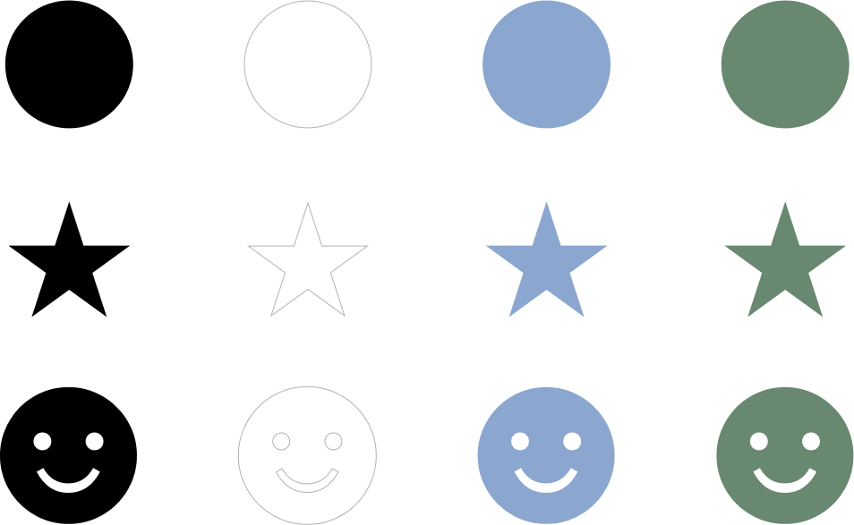 Set of 12 icons, 3 shapes — circle, star, and smiley face — in four colors — black, white, blue, and green.