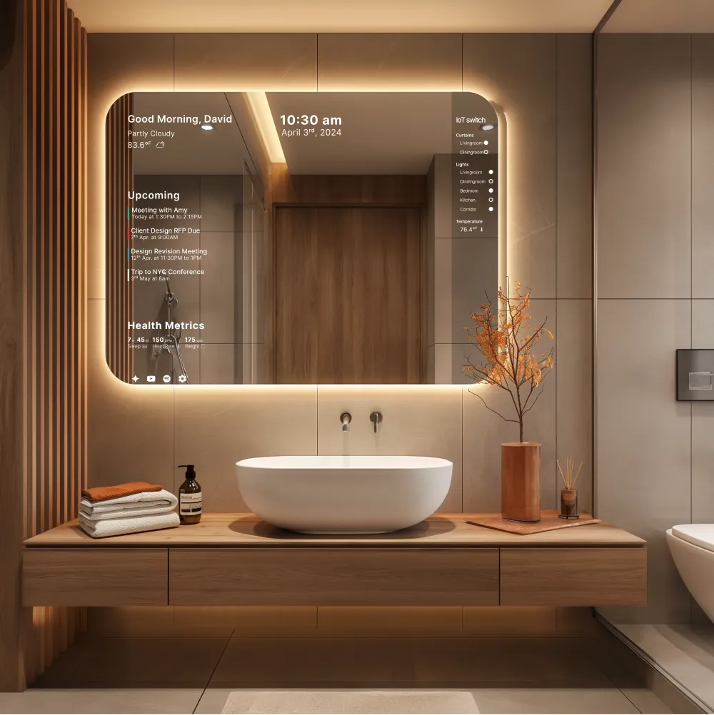 This image displays a concept for a smart mirror with a split screen. The left side shows a digital clock and weather icon. The right side showcases a calendar with event notifications. Text suggests possible functionalities like health metrics and smart home device controls.