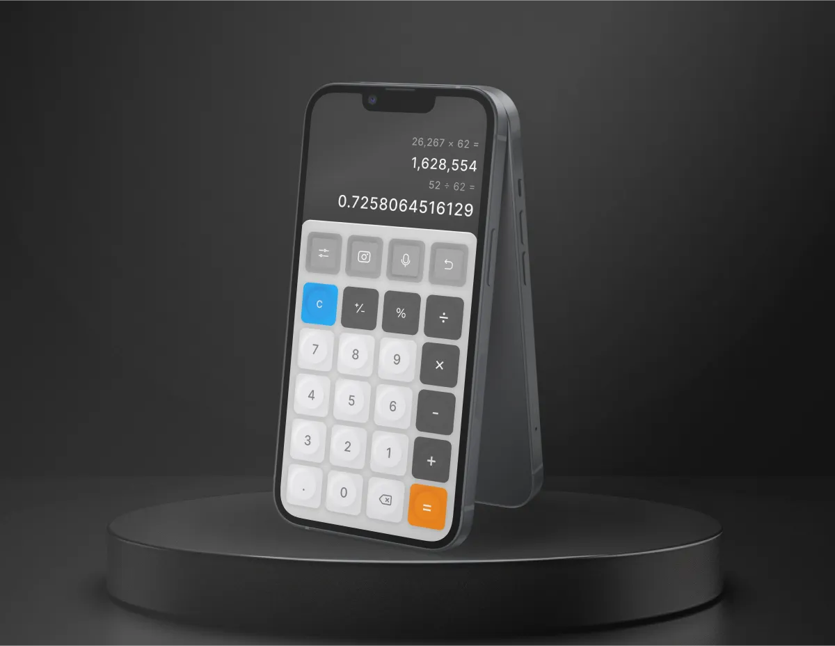 This image shows a mobile calculator app design with a modern, minimalist layout. The calculator features large, rounded buttons with soft shadows for numbers and basic mathematical functions. A clear display shows the current calculation.