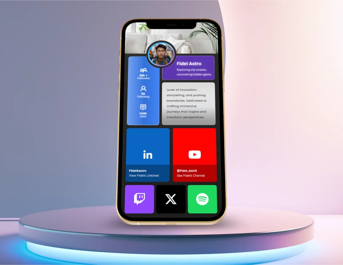 This image showcases the design iteration process for a social media profile UI. It includes a moodboard for inspiration, followed by sketches, revised layouts, and a final design mockup. The final design appears to incorporate a bento box-inspired layout with sections for profile information, content, and possibly connections.