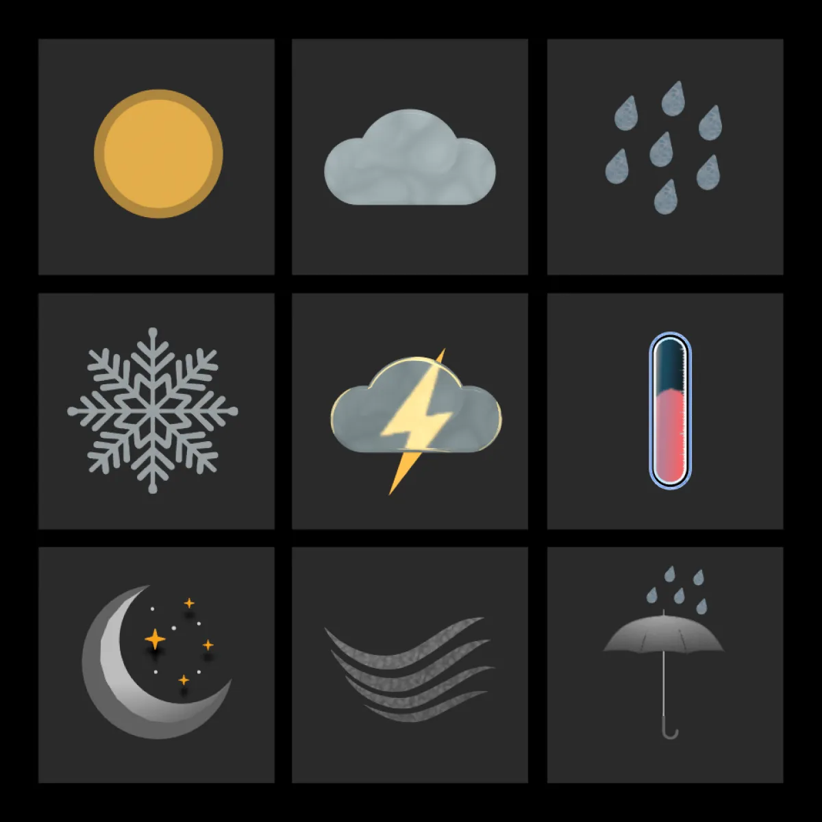 This image shows the creation of a 3D weather icon set. It starts with 2D weather icon sketches and progresses through moodboard inspiration, mid-fidelity drafts, and culminates in final 3D weather icons like a sun and cloud raining, designed in Figma and Spline.