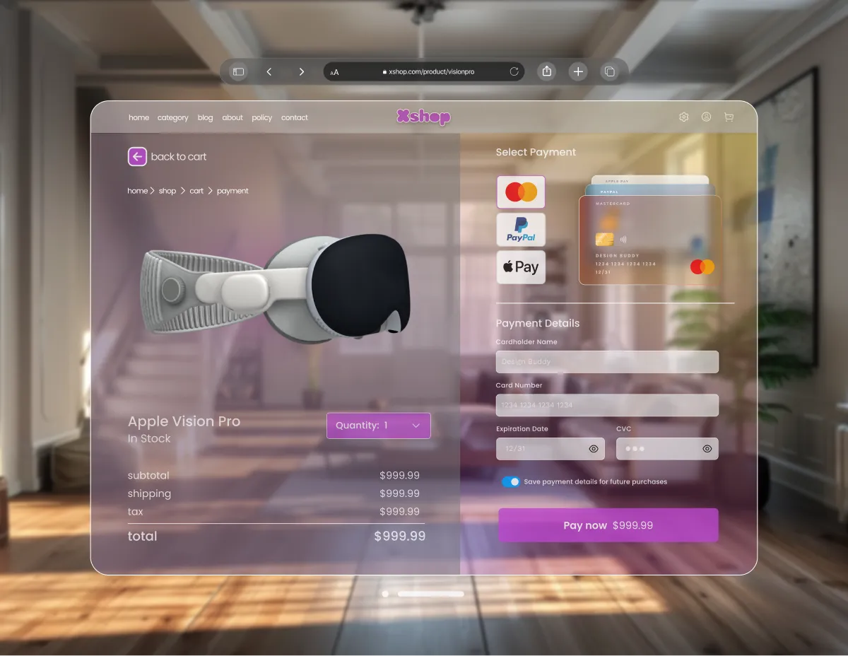 This image shows a VR headset product checkout page. The design features an AR-style product image and progress bar tracking order stages. Text labels like "Description" and "Payment Details" guide users through the purchase process.