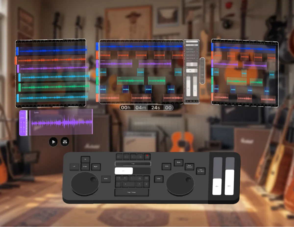 This animation showcases the development of a VR music editor user interface. It starts with concept sketches for the interface and music editing tools in VR. It then progresses through moodboard inspiration, low-fidelity wireframes, and concludes with the final design featuring various interactive components.