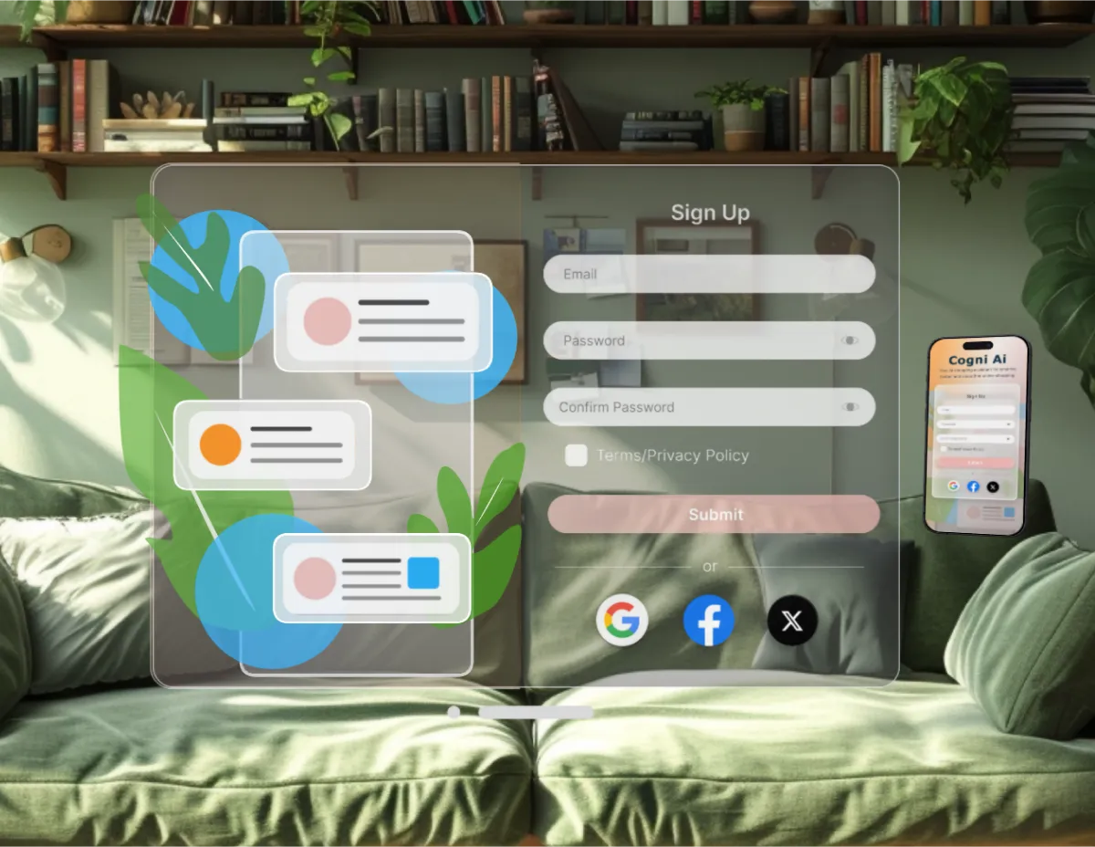 This image shows a signup page design concept for a website. It features a simple and clean layout with a 3D effect, making it visually engaging. The signup form includes fields for email, password, and confirmation password. There are also options to agree to terms of service and a submit button.