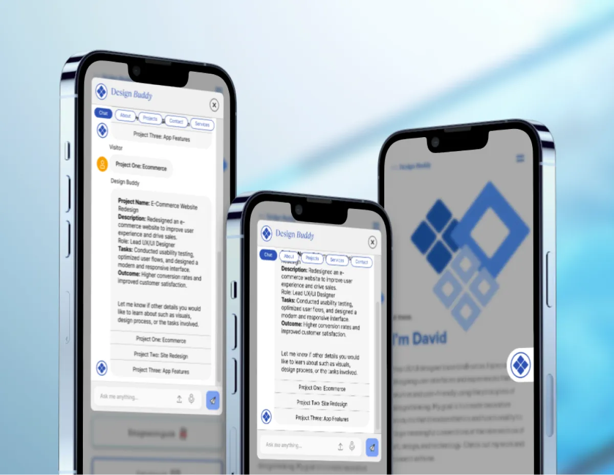 This image depicts the design process for an AI website chatbot user interface. It includes a flowchart illustrating the AI integration and conversation flow, moodboard inspiration, sketches, and a final design mockup. The design integrates with an existing website, showcasing a consistent theme.