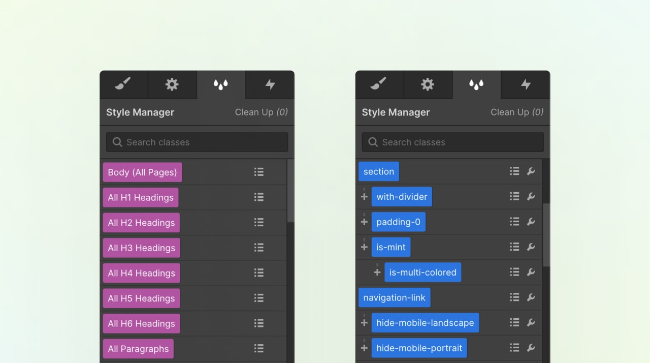 Showing pink tags and blue classes in the Webflow style manager