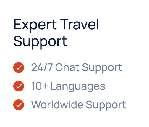 Expert Travel Support, 24/7 Chat Support, 10+ Languages, Worldwide Support