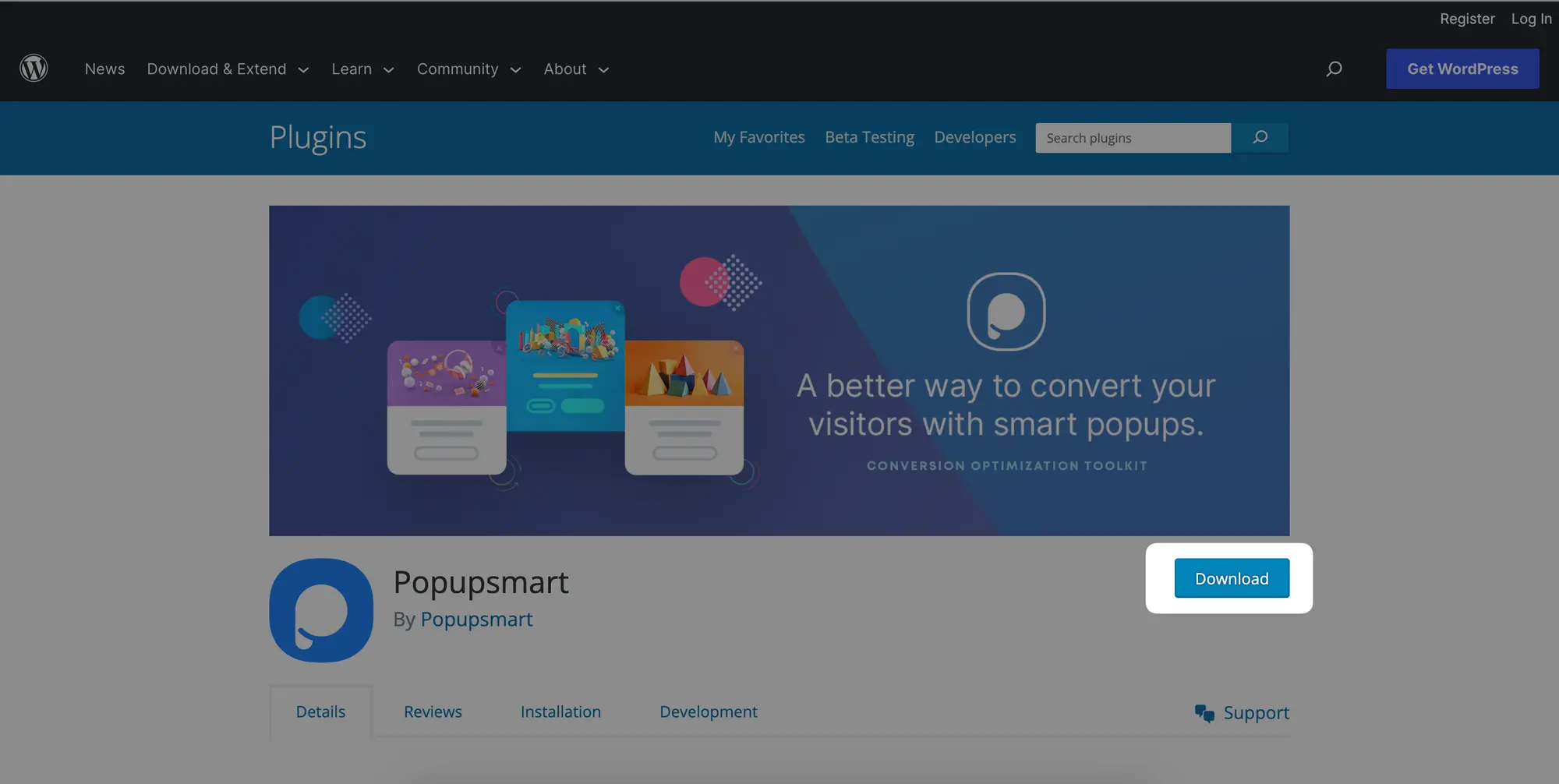 Popupsmart wordpress plugin page