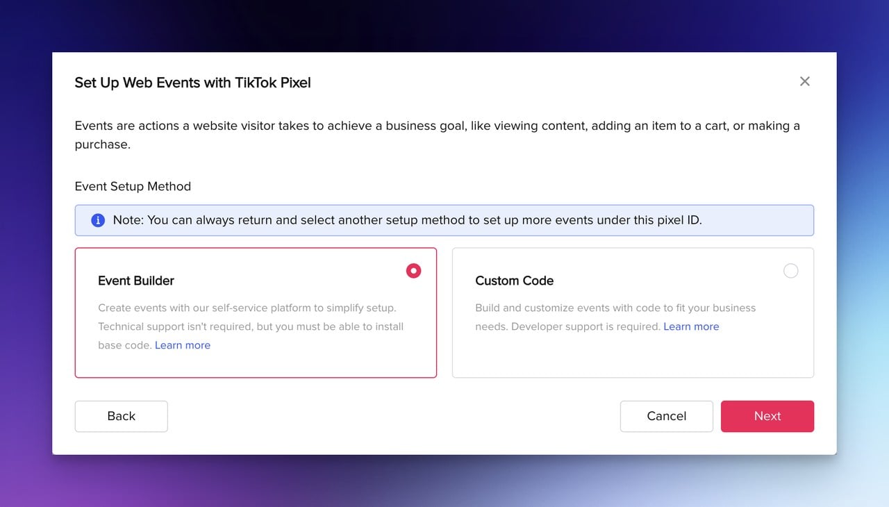 Step five TikTok Pixel Setup choosing to set up an Event Builder or a Custom Code