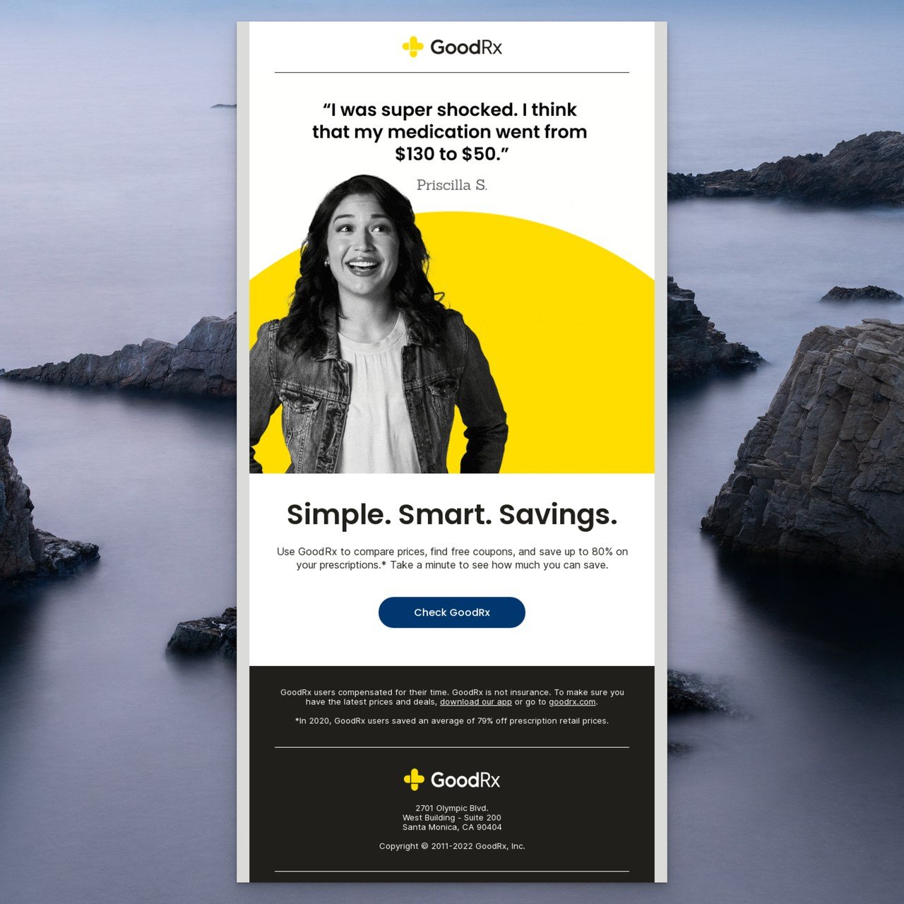 GoodRX' testimonial email example with a customer review followed by a female image; below, there is a button to check GoodRx with Simple.Smart.Saving headline