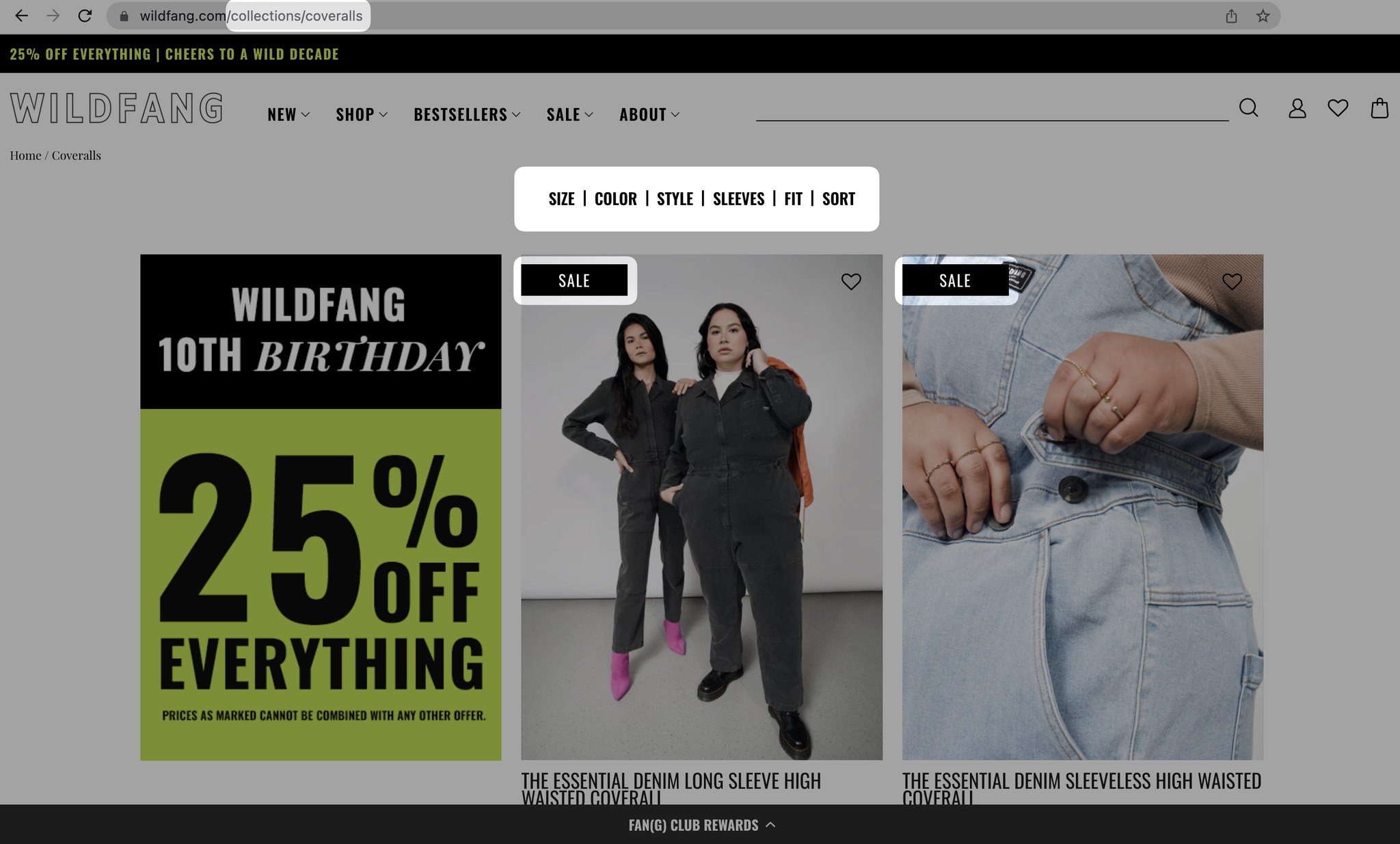 wildfang shopify store's collection page with a neon green and black 25% off banner on the left and two models wearing black overalls on the right and next to it, a modeling is doing the buttons of their overalls by showing hands only