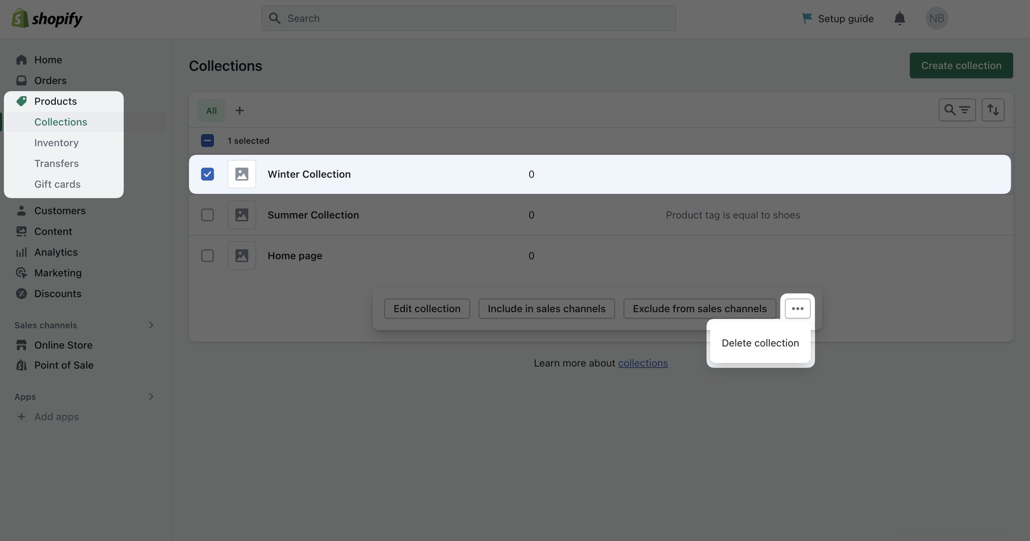 deleting a shopify collection steps on shopify admin page with the product section on the left-hand panel, the winter collection and delete collection parts highlighted
