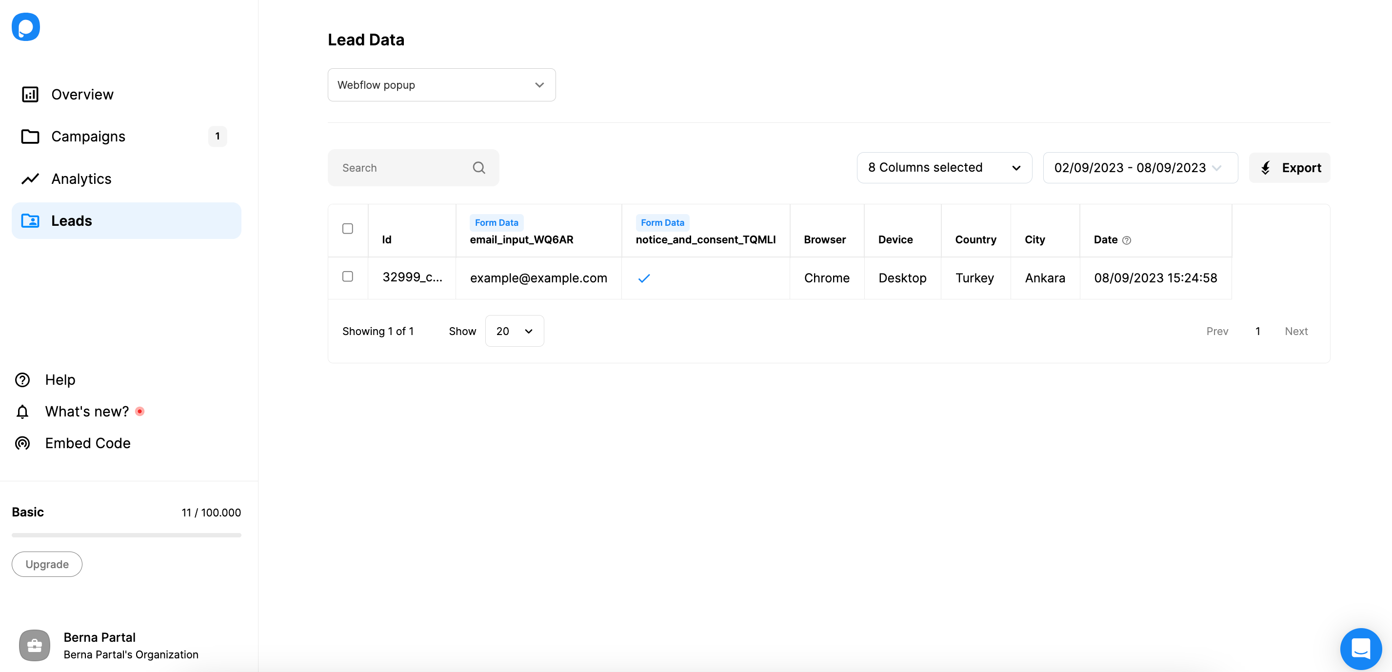 Popupsmart's lead data page