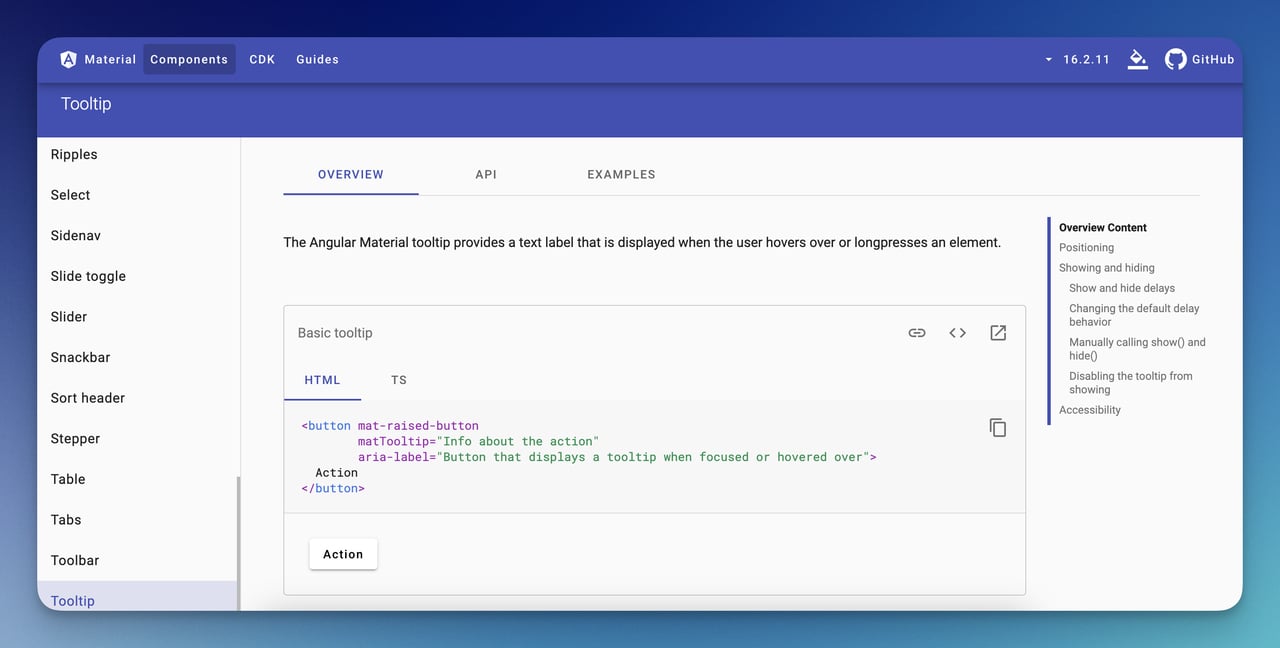 basic tooltip overview in the components section of the angular material website