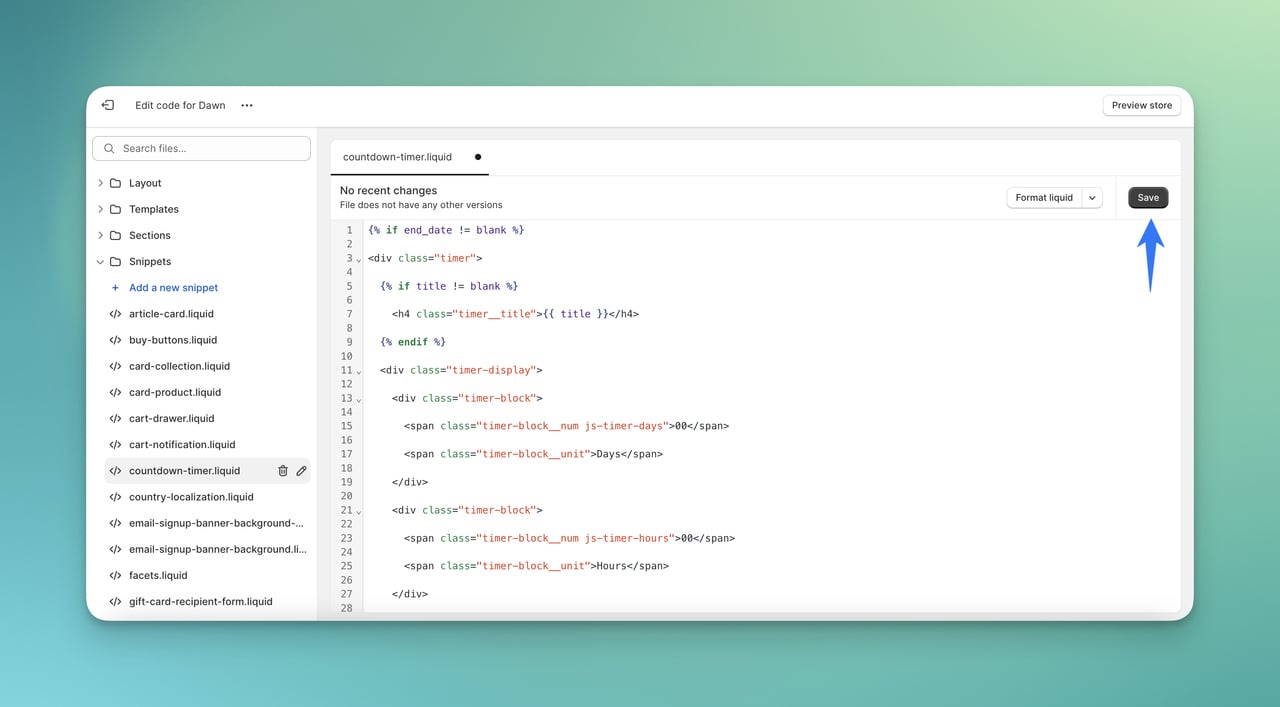 saving countdown timer snippet to Shopify