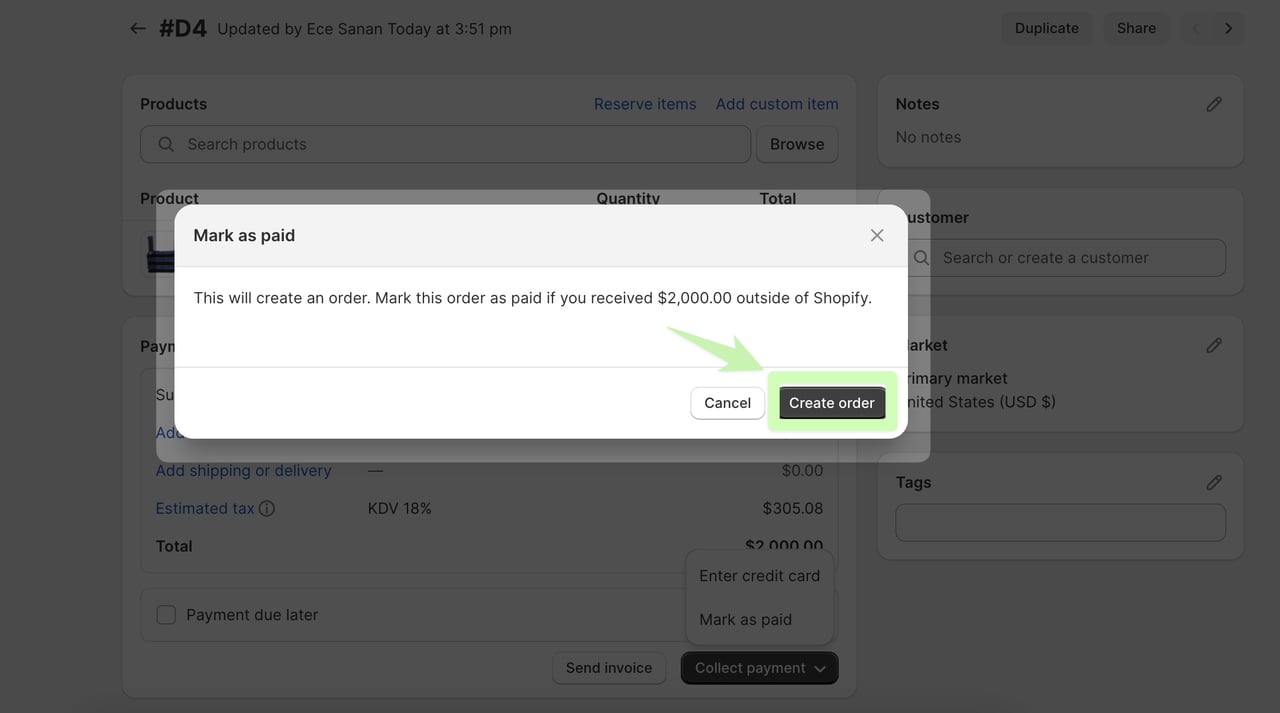 In the Shopify admin panel mark as paid warning