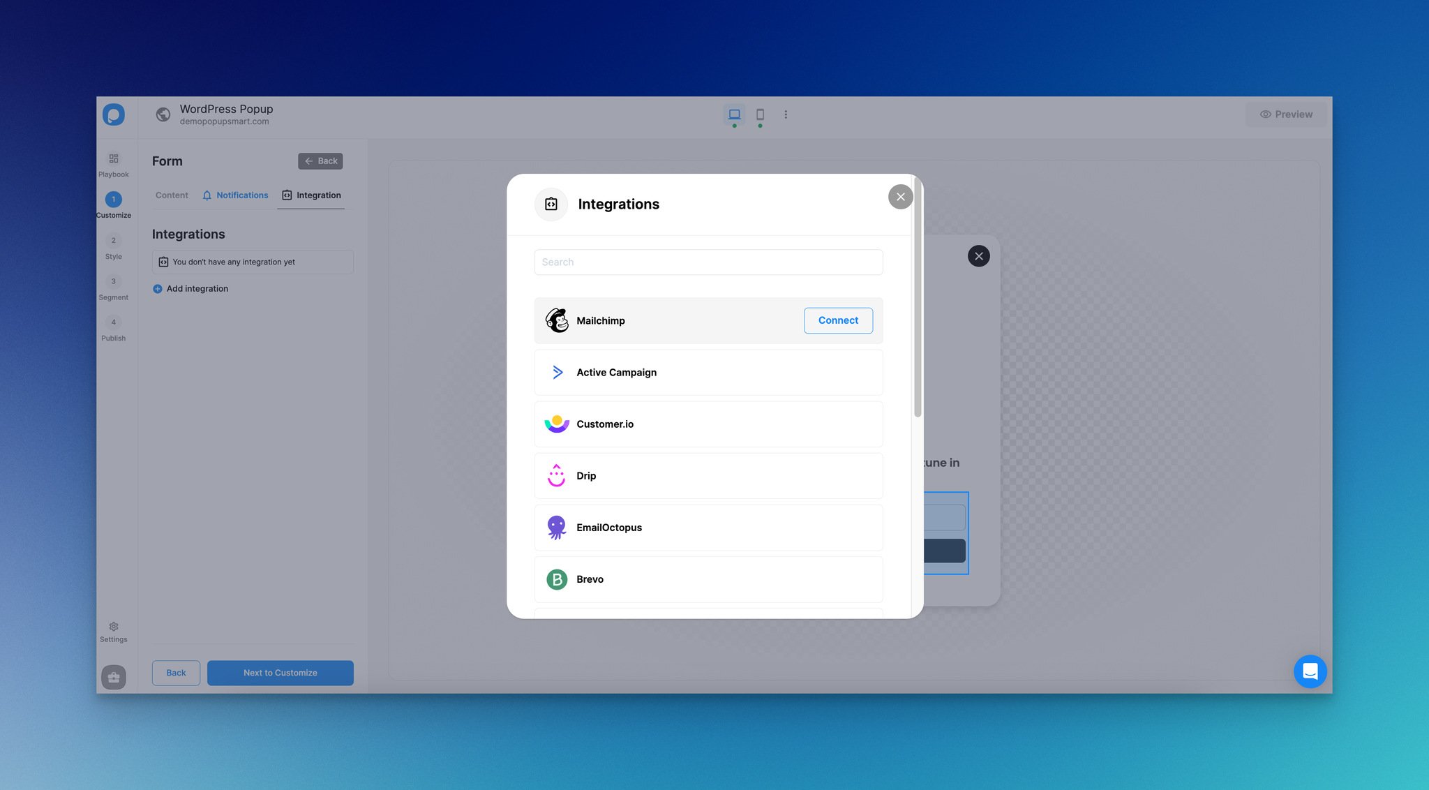 a screenshot of selecting MailChimp from integrations list on Popupsmart