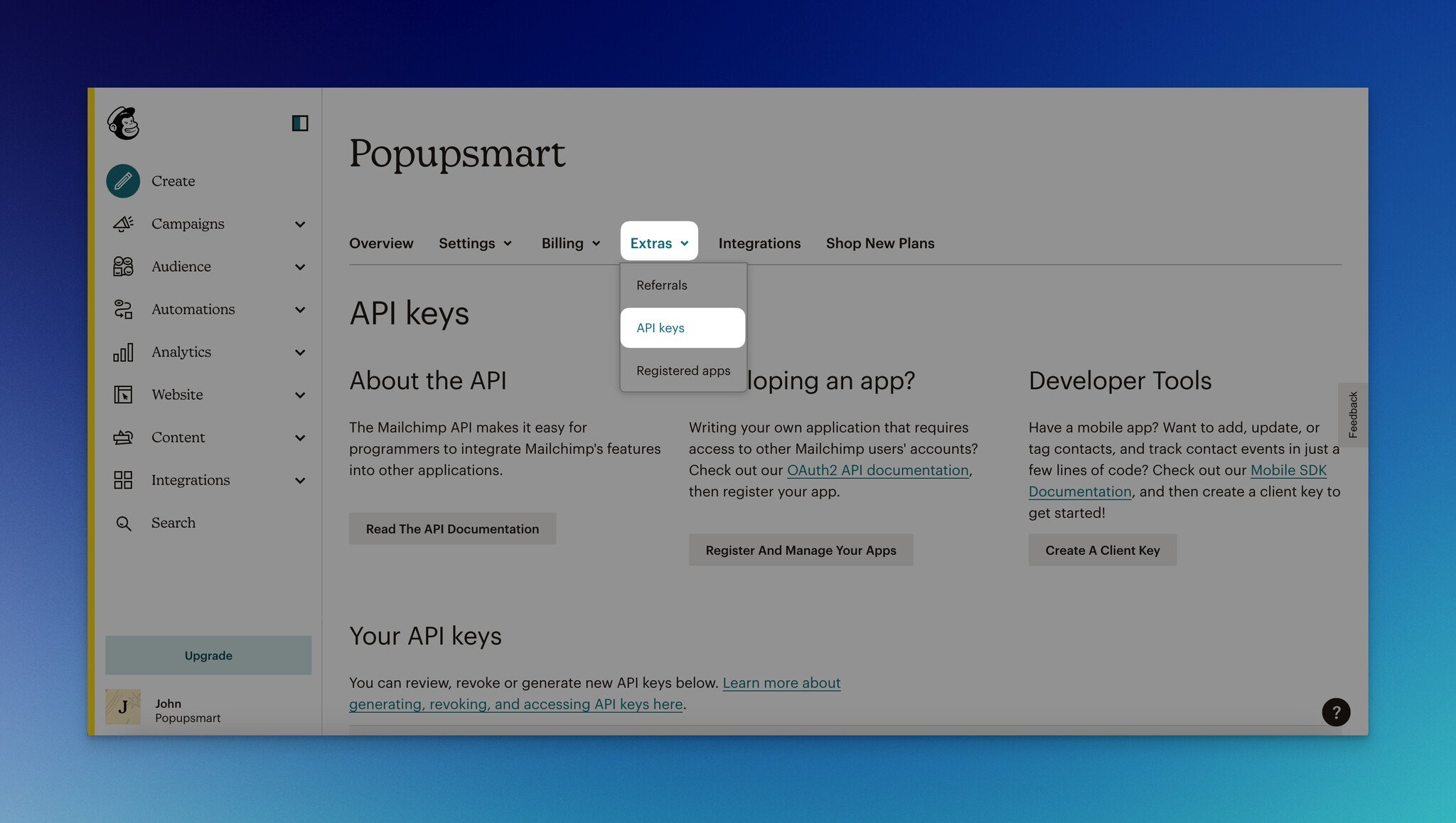 a screenshot of getting API key from Extras and API Key sections on MailChimp