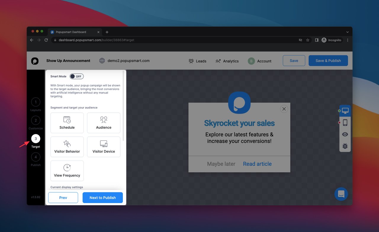 Popupsmart popup builder dashboard with the "Target" page