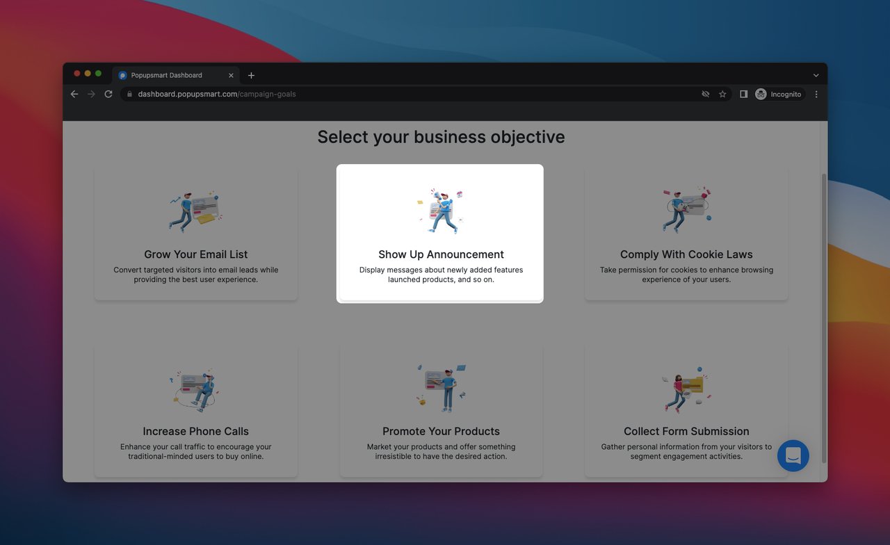 Popupsmart popup builder dashboard's select your business objective page