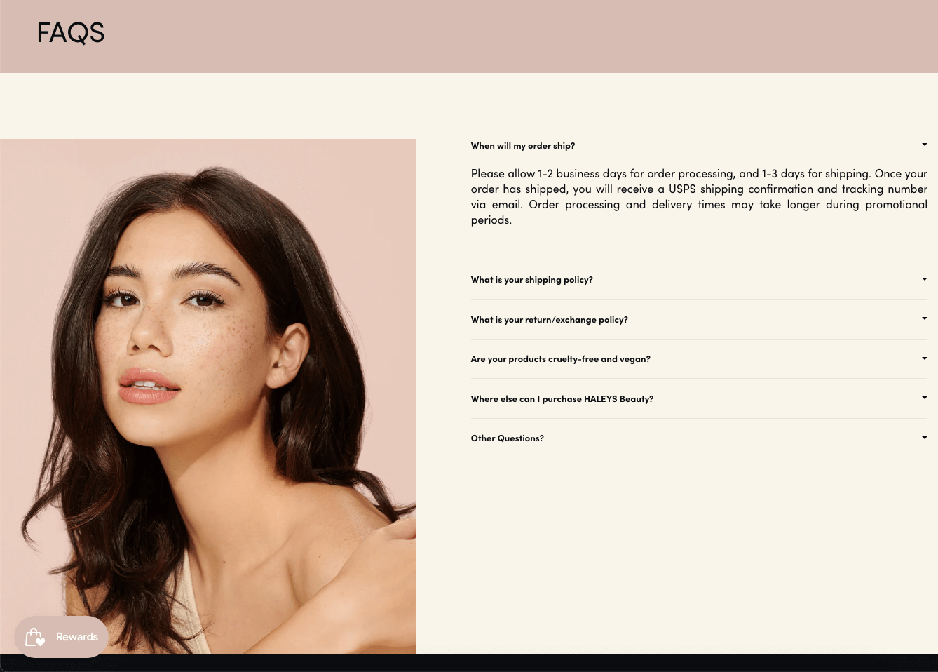 screenshot of Haley's Beauty's FAQ page