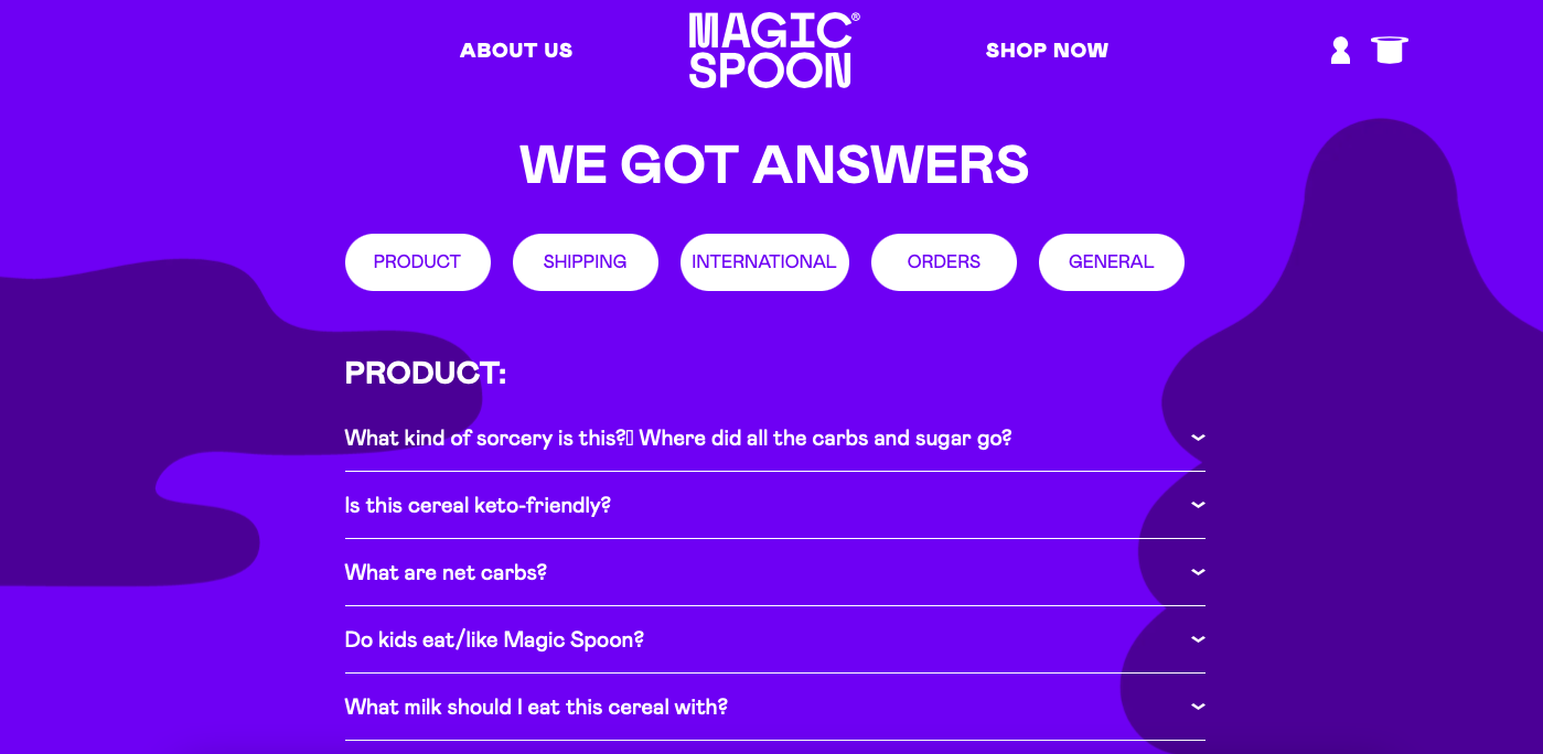 screenshot of Magic Spoon's FAQ page