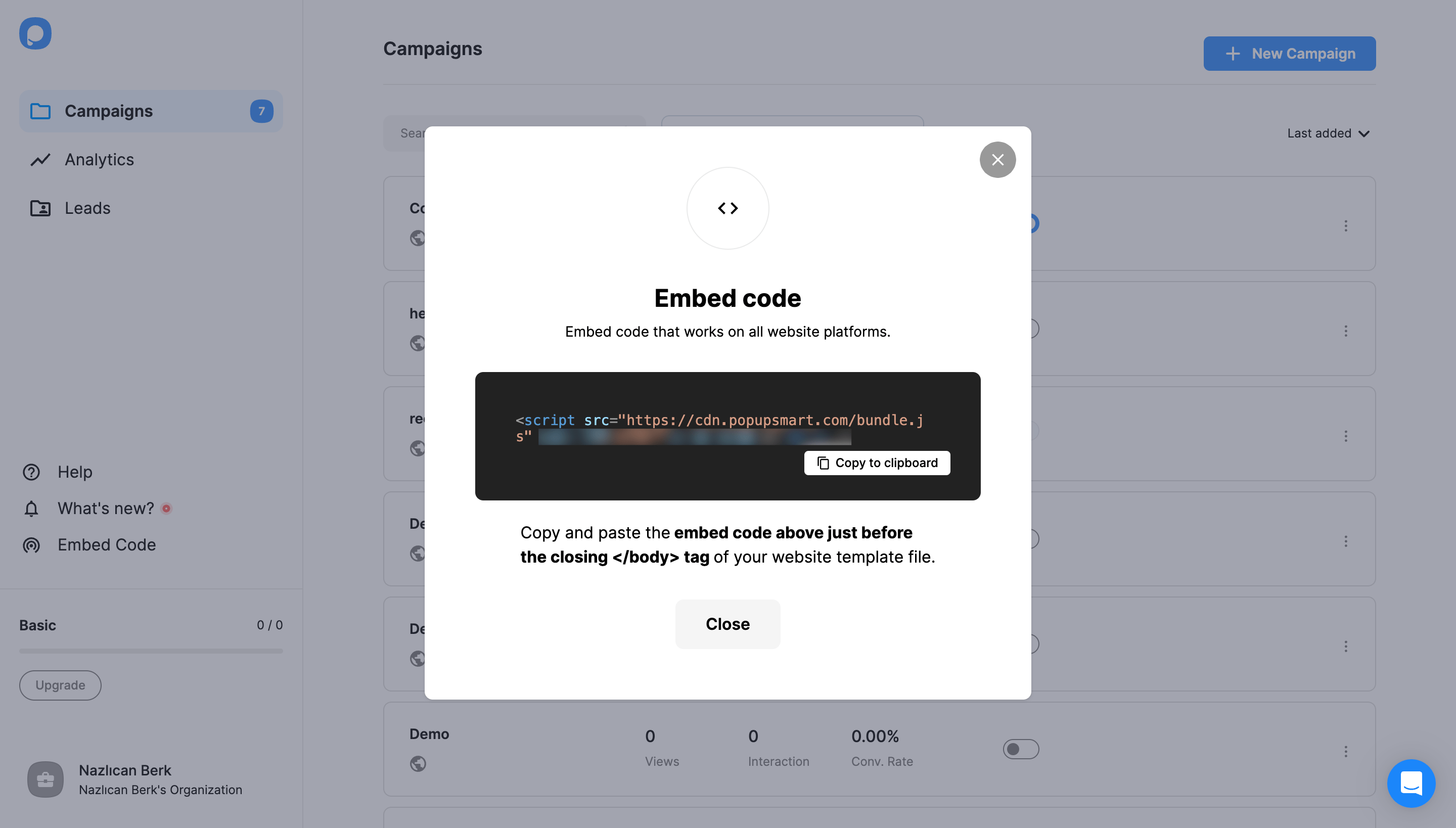 Copy Popupsmart Embed Code to Clipboard