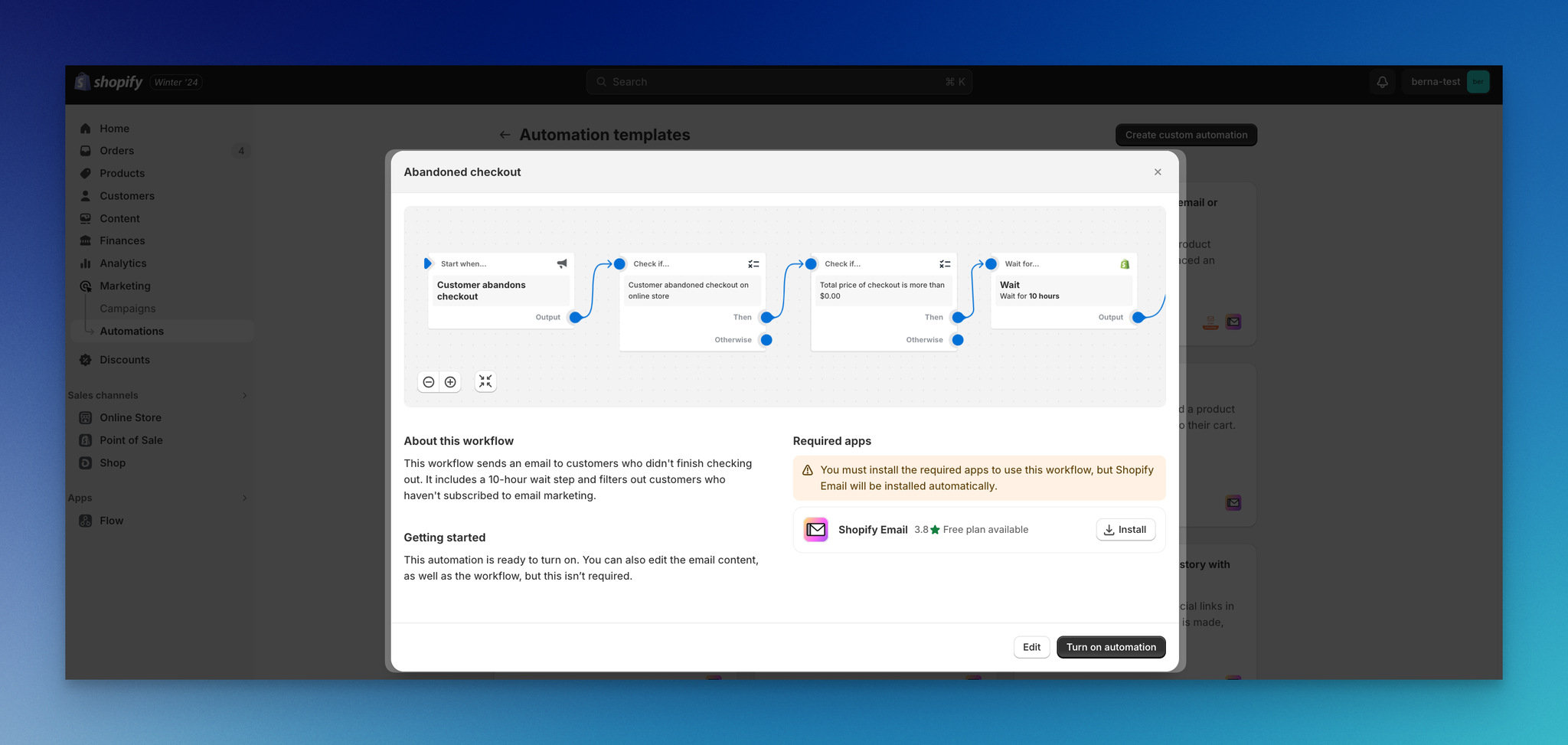 a screenshot of modal displaying abandoned checkout automation template on Shopify