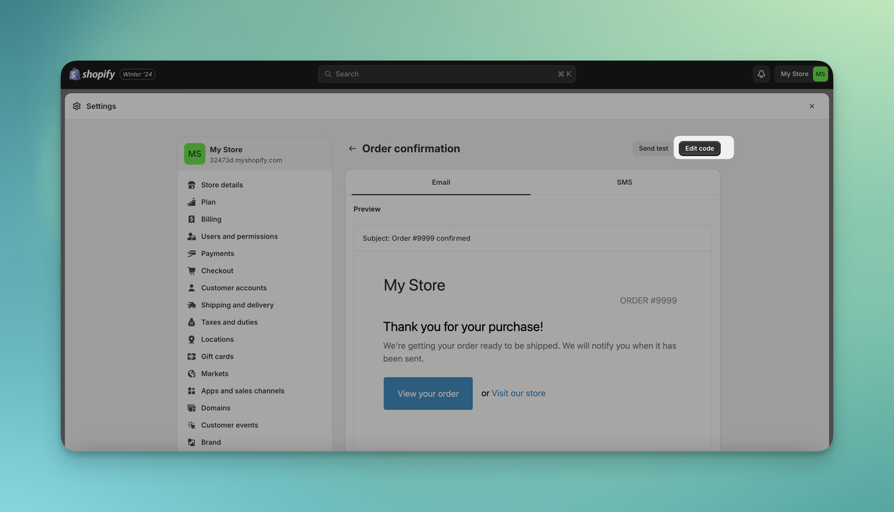 the edit code button on Shopify for the order confirmation email