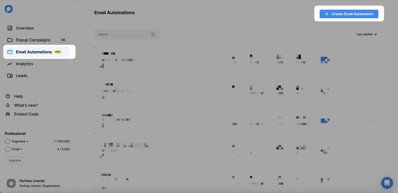 the Email Automations tab and the Create Email Automation button on Popupsmart