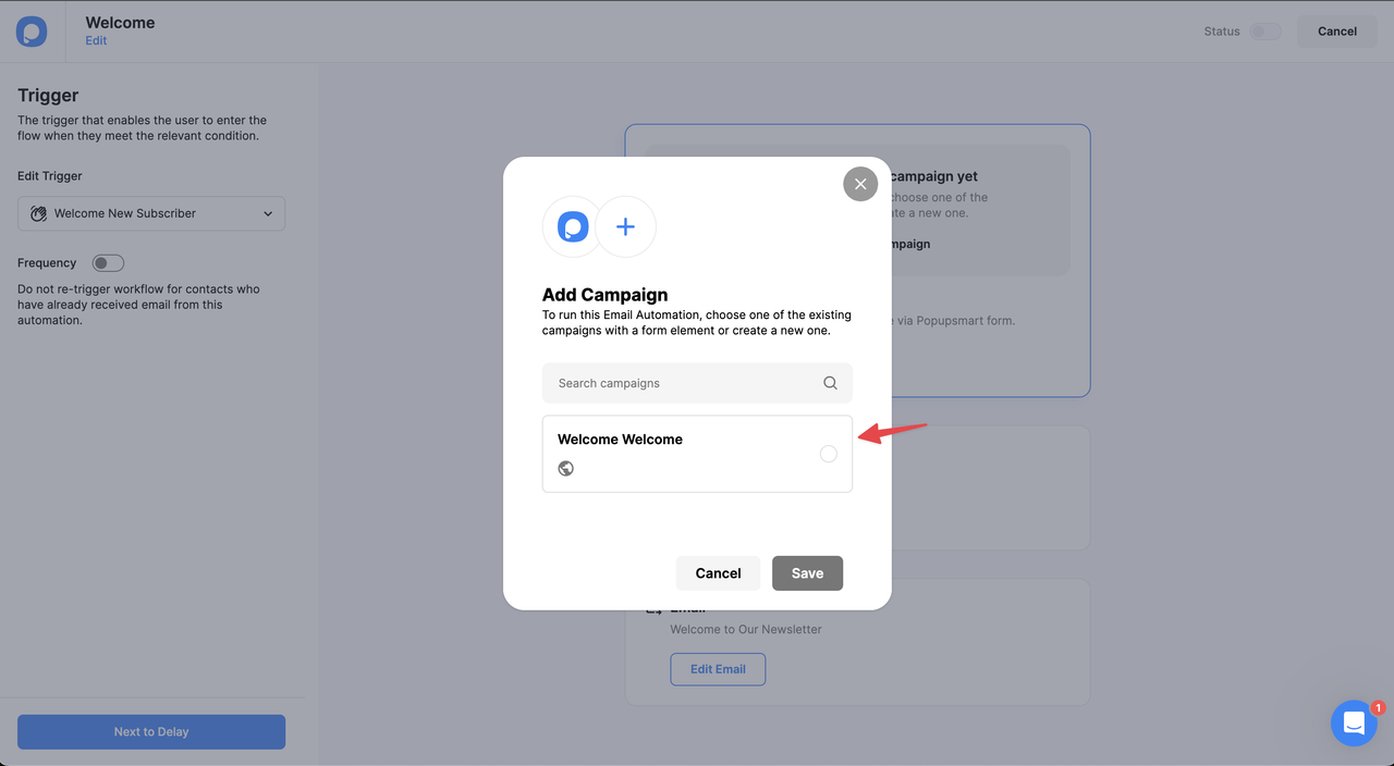 Choosing a popup campaign for creating an email automation