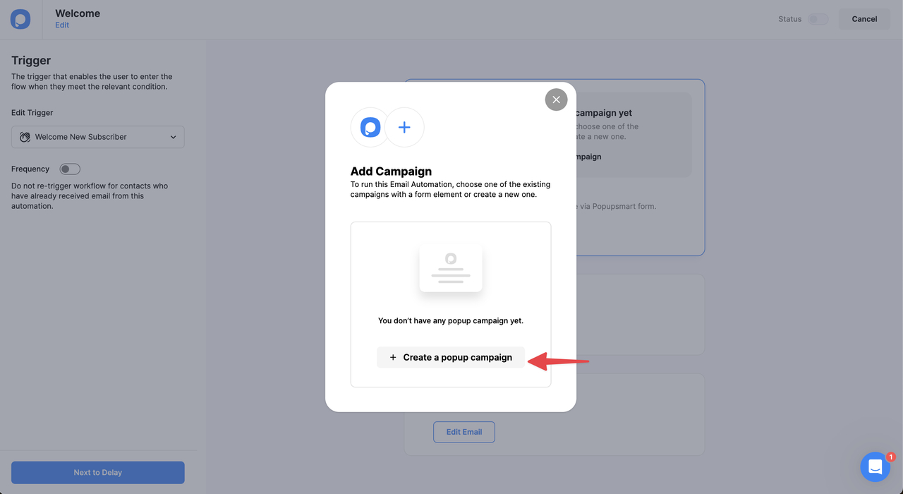selecting "create a new popup campaign" option