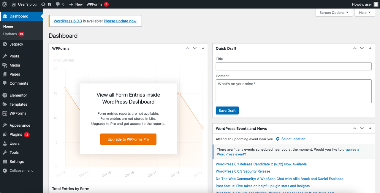 wordpress site dashboard screen