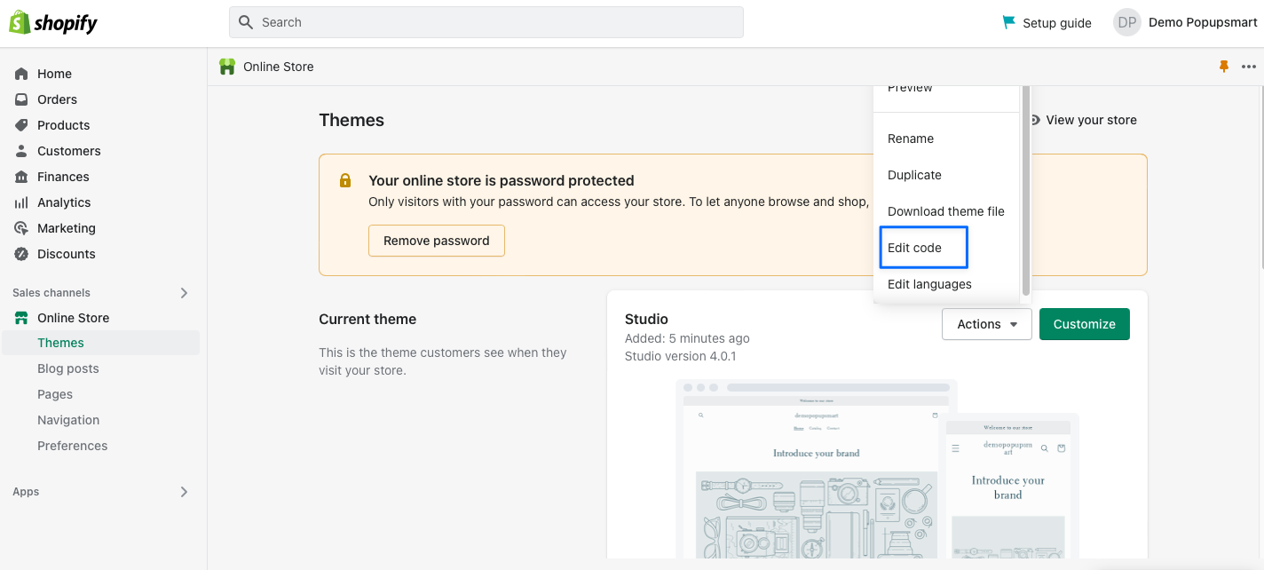 edit code section in Shopify dashboard