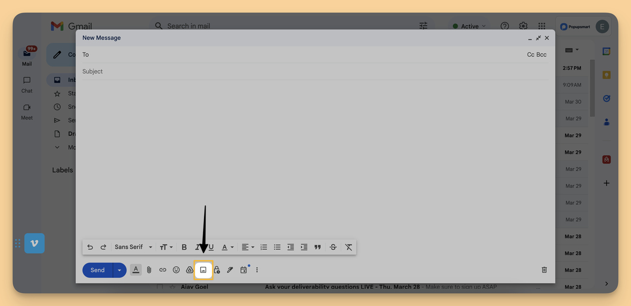 The third step in adding a GIF to the email body in Gmail