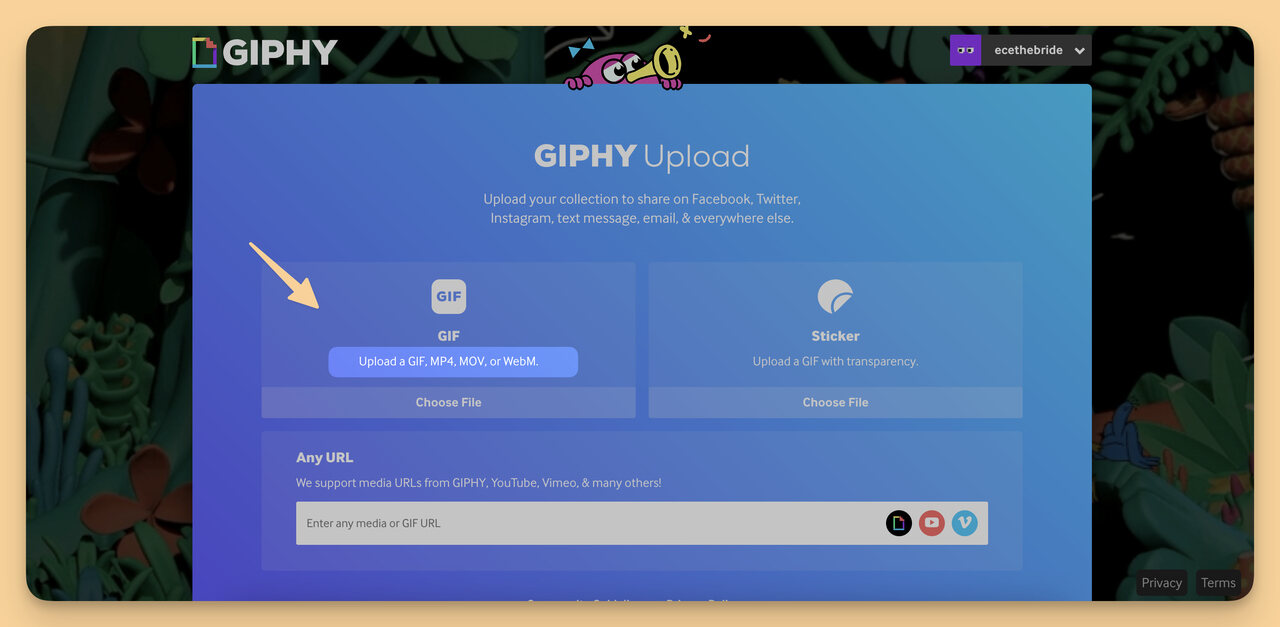 Giphy upload homepage for conversion process.