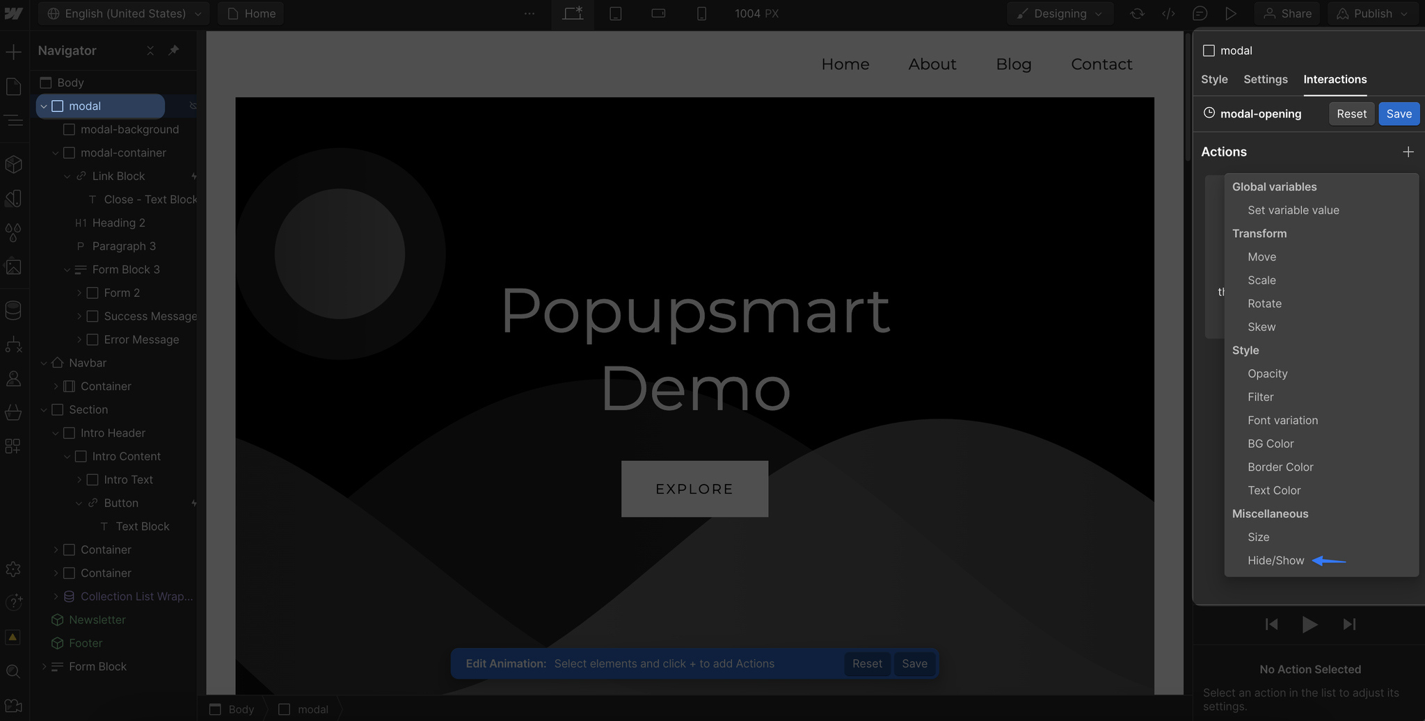 Selecting block and selecting actions of the interaction animation on Webflow