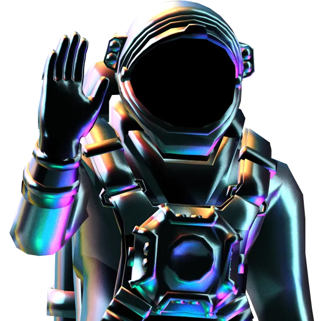a futuristic man in a space suit waving