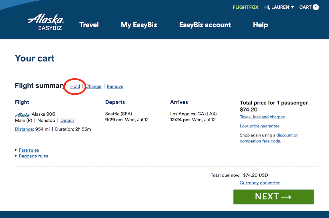 Alaska Airlines EasyBiz Hold Flight Reservation 24 Hours