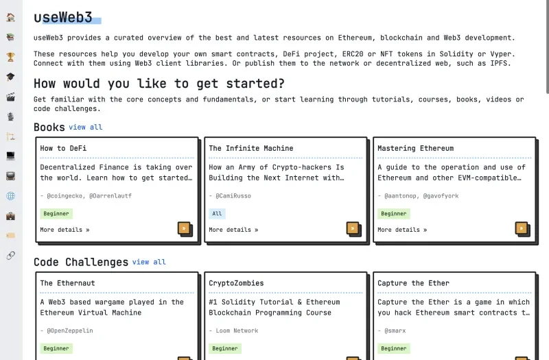 Use web3 helps user become web3 developer through their curated resources - the image shows their homepage